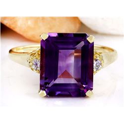5.14 CTW Natural Amethyst 18K Solid Yellow Gold Diamond Ring