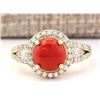 Image 1 : 2.40 CTW Natural Coral And Diamond Ring In 18K Yellow Gold