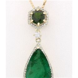 10.00 CTW Natural Emerald And Diamond Pendant In 18K Solid Yellow Gold