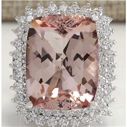 22.24 CTW Natural Peach Morganite And Diamond Ring In 14K Solid White Gold
