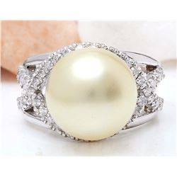 13.12 mm White South Sea Pearl 14K Solid White Gold Diamond Ring