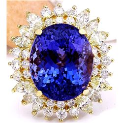 18.15 CTW Natural Tanzanite 18K Solid Yellow Gold Diamond Ring