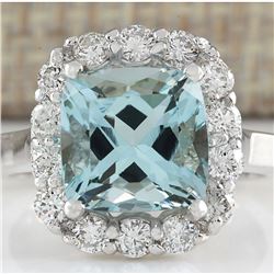 4.17 CTW Natural Blue Aquamarine And Diamond Ring 18K Solid White Gold