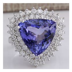 13.62 CTW Natural Blue Tanzanite And Diamond Ring In 18K White Gold Aaa