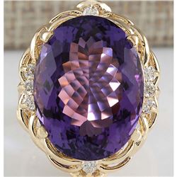 14.91 CTW Natural Amethyst And Diamond Ring 18K Solid Yellow Gold