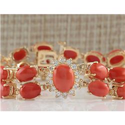 31.50CTW Natural Red Coral And Diamond Bracelet In 14K Solid Yellow Gold