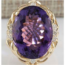14.91 CTW Natural Amethyst And Diamond Ring 14K Solid Yellow Gold