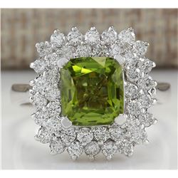 3.55 CTW Natural Peridot And Diamond Ring 14K Solid White Gold