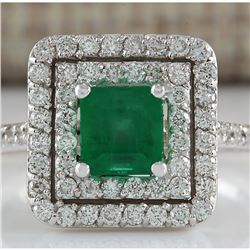 1.70 CTW Natural Colombian Emerald And Diamond Ring In 18K White Gold