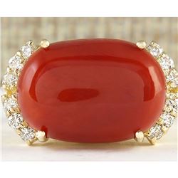 10.34 CTW Natural Coral And Diamond Ring In 14k Yellow Gold