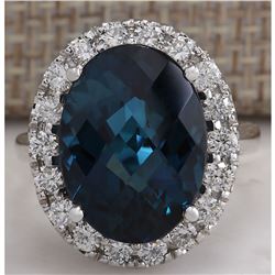 12.80CTW Natural London Blue Topaz And Diamond Ring In14K Solid White Gold
