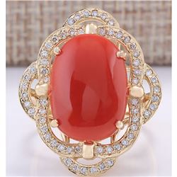 7.92CTW Natural Coral And Diamond Ring In 14K Yellow Gold