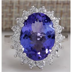 6.80 CTW Natural Blue Tanzanite And Diamond Ring 18K Solid White Gold
