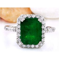 4.18 CTW Natural Emerald 18K Solid White Gold Diamond Ring