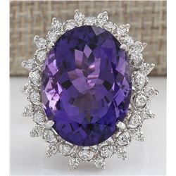 19.80 CTW Natural Amethyst And Diamond Ring In 18K Solid White Gold