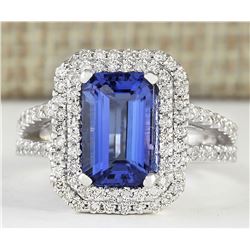 5.23 CTW Natural Blue Tanzanite And Diamond Ring 18K Solid White Gold