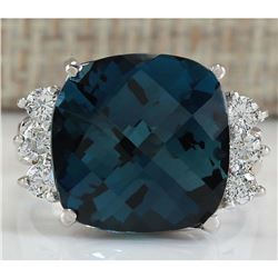 10.00 CTW Natural London Blue Topaz And Diamond Ring In 14K White Gold