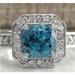 5.85 CTW Natural Blue Zircon And Diamond Ring 14K Solid White Gold