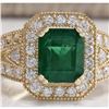 Image 1 : 3.96 CTW Natural Emerald And Diamond Ring 18K Solid Yellow Gold