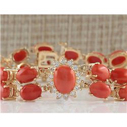 31.50 CTW Natural Red Coral And Dimond Bracelet In 14k Solid Yellow Gold