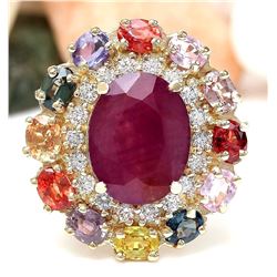 9.11 CTW Natural Ruby, Sapphire 14K Solid Yellow Gold Diamond Ring