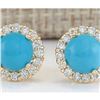 Image 1 : 3.65 CTW Natural Blue Turquoise And Diamond Earrings 14k Solid Yellow Gold