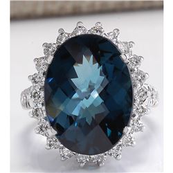 15.99CTW Natural London Blue Topaz And Diamond Ring In18K Solid White Gold