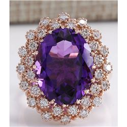 10.19 CTW Natural Amethyst And Diamond Ring In 18K Solid Rose Gold