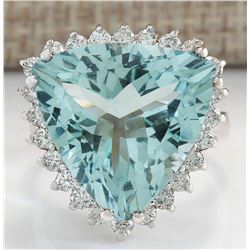 13.62 CTW Natural Aquamarine And Diamond Ring In 18K Solid White Gold