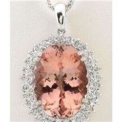 33.55 CTW Natural Morganite And Diamond Pendant In 18K Solid White Gold