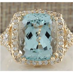 9.03 CTW Natural Blue Aquamarine And Diamond Ring 14K Solid Yellow Gold