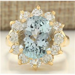 7.60 CTW Natural Aquamarine And Diamond Ring In 14K Yellow Gold