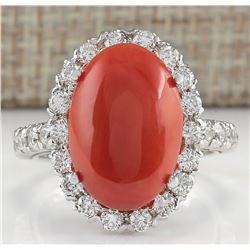 7.35 CTW Natural Red Coral And Diamond Ring 14K Solid White Gold