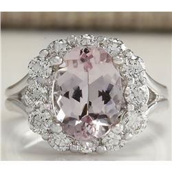 3.70 CTW Natural Peach Morganite And Diamond Ring In 18K Solid White Gold