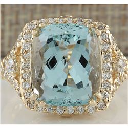 9.03 CTW Natural Blue Aquamarine And Diamond Ring 18K Solid Yellow Gold