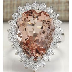 13.43 CTW Natural Peach Morganite And Diamond Ring In 14K Solid White Gold