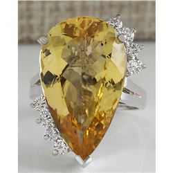 12.50 CTW Natural Yellow Beril And Diamond Ring In 18K Solid White Gold