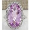 Image 1 : 16.40 CTW Natural Kunzite And Diamond Ring 18K Solid White Gold