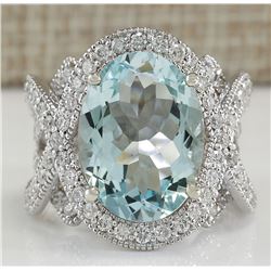 8.91 CTW Natural Aquamarine And Diamond Ring In 18K Solid White Gold
