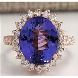 8.65 CTW Natural Blue Tanzanite And Diamond Ring 18K Solid Rose Gold