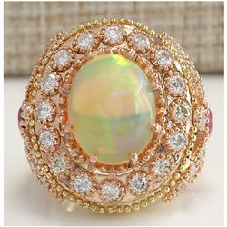 7.71 CTW Natural Opal And Diamond Ring In 18K Solid Yellow Gold