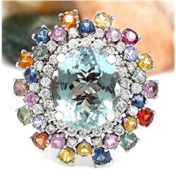 12.50 CTW Natural Aquamarine 14K Solid White Gold Diamond Ring