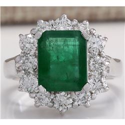 3.49 CTW Natural Emerald And Diamond Ring 18K Solid White Gold