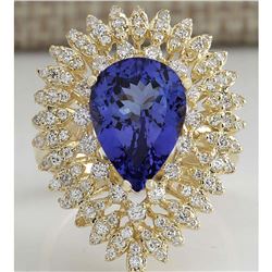 4.85 CTW Natural Blue Tanzanite And Diamond Ring 18K Solid Yellow Gold