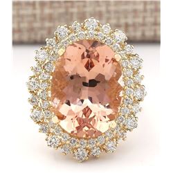 13.70 CTW Natural Morganite And Diamond Ring In 18K Solid Yellow Gold