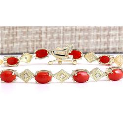 5.88 CTW Natural Coral And Diamond Bracelet In 18K Yellow Gold