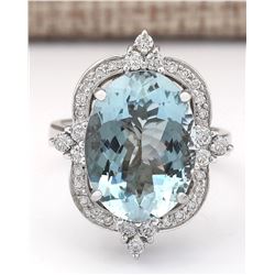 8.22 CTW Natural Aquamarine And Diamond Ring In 14k White Gold