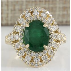 5.02 CTW Natural Emerald And Diamond Ring 18K Solid Yellow Gold