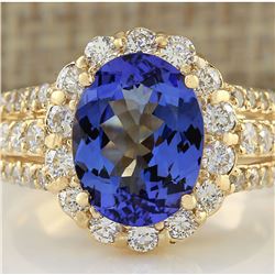 4.60 CTW Natural Tanzanite And Diamond Ring In 18K Yellow Gold