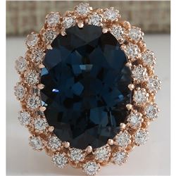 14.31 CTW Natural London Blue Topaz And Diamond Ring 18K Solid Rose Gold